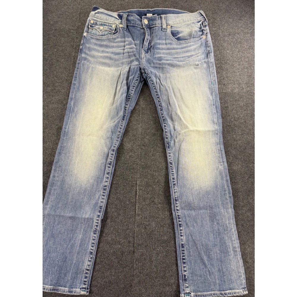 True Religion Mens Section Straight Blue Jeans Teal Stitch Size 38 Light Wash